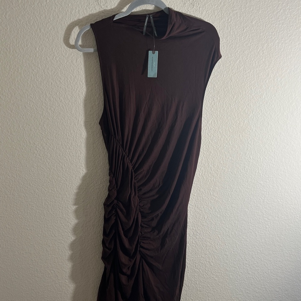 Anthropologie women’s Sz 2X Sleeveless Mock Neck Ruched Midi Dress Brown Bodycon - Picture 6 of 13